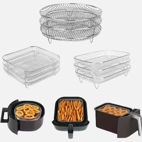 Трислоен комплект от неръждаема стомана за въздушен фритюрник – аксесоари за здравословно готвене и печене, подходящи за фурна и съдомиялна