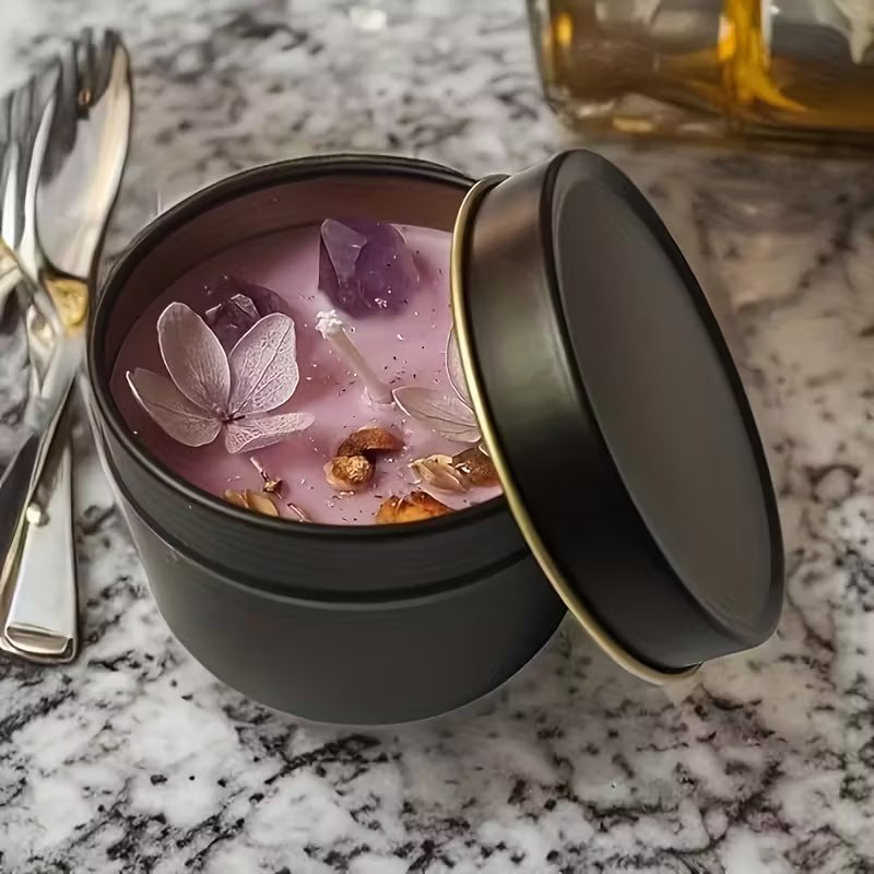 Ароматна свещ „Лавандулена мечта“ – натурален соев восък с лилави кристали и венчелистчета, за релакс и стилна декорация - Image 2